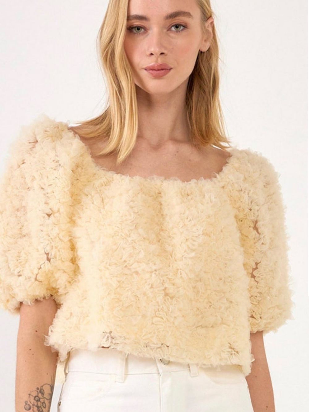 Floral Tulle Cream Textured Puff Sleeve Top